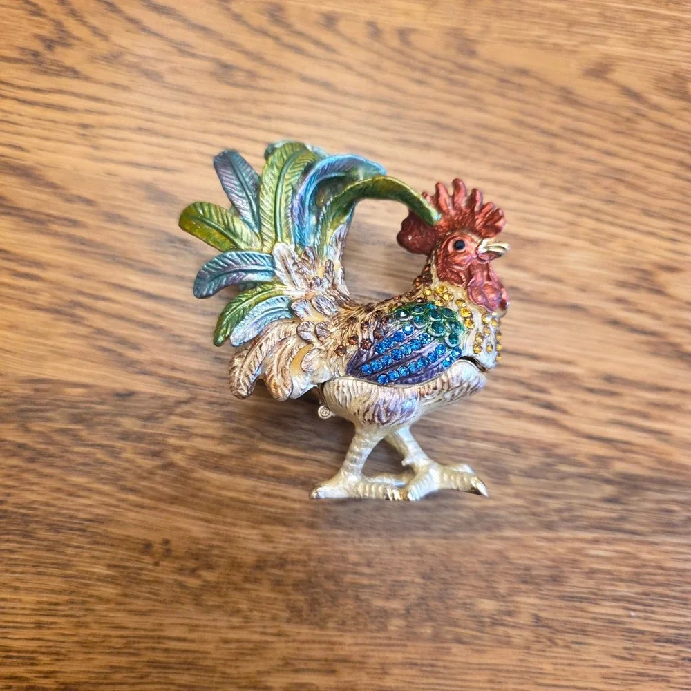 Multicolor Enamel Rooster Trinket Box Rhinestone Bejeweled Hinged Figurine‎ 3in